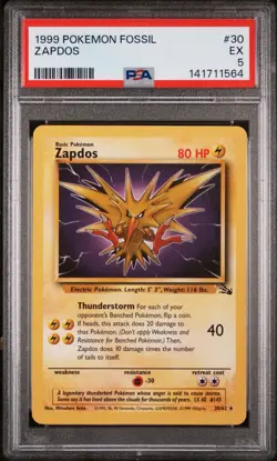 1999 POKEMON FOSSIL #30 ZAPDOS PSA 5 - Image 1