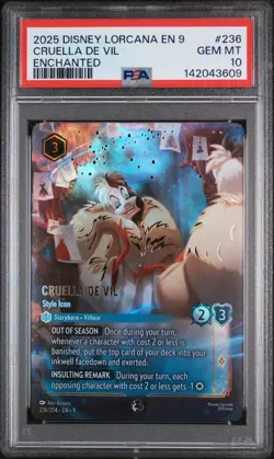 2025 DISNEY LORCANA EN 9-FABLED ENCHANTED CRUELLA DE VIL - STYLE ICON PSA 10 - Image 1
