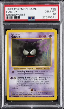 1999 POKEMON BASE SET SHADOWLESS #50 GASTLY PSA 10 - Image 1