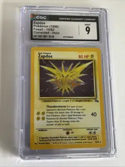 CGC 9 Zapdos 15/62 Fossil Corrected Holo Rare Pokemon Card - Image 1