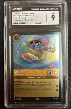 Disney Lorcana Fabled Legendary Cold Foil Stitch Carefree Surfer #24 CGC 9 MINT - Image 1