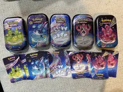 Set Of 5 EMPTY Paldean Fates Mini Tins w/Art Card And Sticker - NO BOOSTER PACKS - Image 1