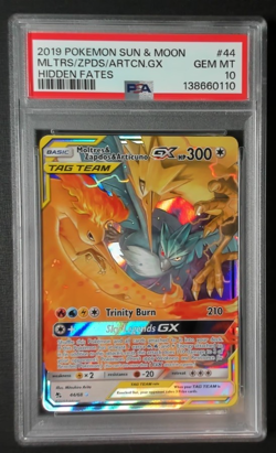 Pokemon Hidden Fates Moltres Zapdos Articuno GX 44/68 Sun & Moon Holo PSA 10 - Image 1