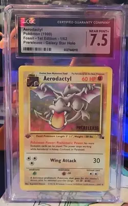 CGC 7.5 Aerodactyl Fossil 1st Edition Cosmos Holo 1/62 Prerelease Pokemon Card - Image 1