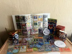 Pokemon Card & Collector Items Lot — 100+ Cards, Binder, Tins, Stickers (AS-IS) - Image 1