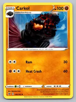 Pokemon TCG SWSH02: Rebel Clash Carkol 106/192 - Image 1