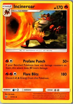 Incineroar 17/73 Uncommon Shining Legends LP Pokemon Card - Image 1