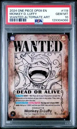2024 One Piece OP09 En Alternate Art #119 Monkey D. Luffy Wanted Poster PSA 10 - Image 1