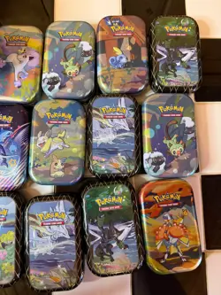 Lot of EMPTY Pokemon TCG Mini Tins w Coins and Art Card Paldean Fates Display - Image 5
