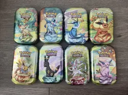 Pokemon 8 Prismatic Evolutions Mini Tins FULL Set + Art Cards & Coins - Image 1