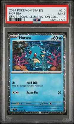2023 POKEMON SFA EN 010 HORSEA SFA ADVENTURE CHEST PSA MINT 9 COSMOS HOLO - Image 1