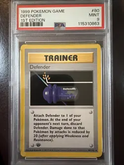 PSA 9 Defender Pokemon Card 1st Edition Base Shadowless - Image 1
