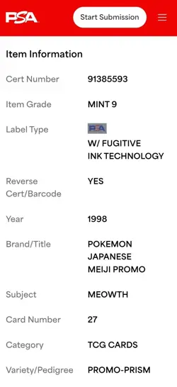 PSA 9 Meowth #27 1998 Jpn. Meiji Promo Prism Cracked Ice Pokemon - Image 4