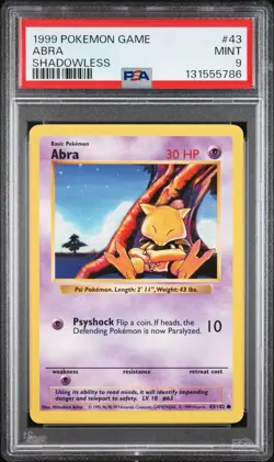 Pokemon Card Abra 43/102 Shadowless Base Set 1999 PSA 9 MINT - Image 1