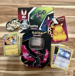 Pokemon Bulk Lot 300 Cards, Empty Tin, 100 Holo/Reverese Holo, 200 Non Holo TCG - Image 1