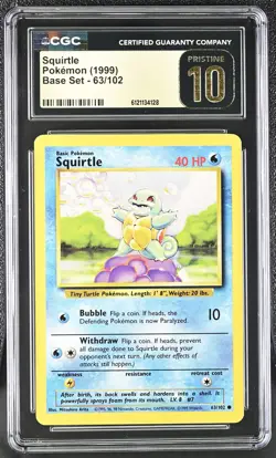 CGC 10 PRISTINE Squirtle 1999 Base Set 63/102 Pokemon Card - Image 1