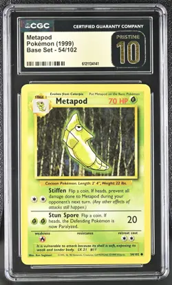 CGC 10 PRISTINE Metapod 1999 Base Set 54/102 Pokemon Card - Image 1