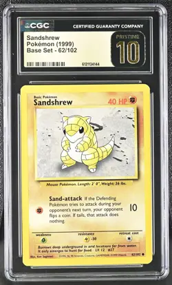 CGC 10 PRISTINE Sandshrew 1999 Base Set 62/102 Pokemon Card - Image 1