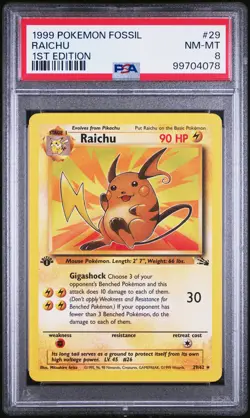 1999 POKEMON FOSSIL 1ST ED #29 RAICHU PSA 8 - Image 1