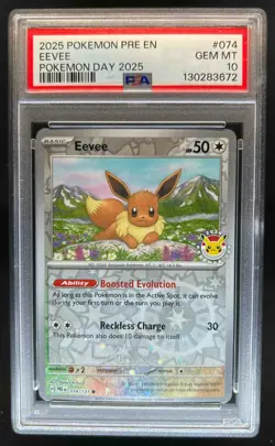 2025 Pokemon Prismatic Evolutions Eevee Reverse Holo Day #074/131 PSA 10 - Image 1