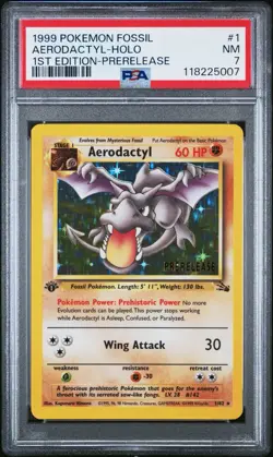 1999 POKEMON FOSSIL Aerodactyl 1st Edition Prerelease Card PSA 7 NM Holo 1/62 - Image 1