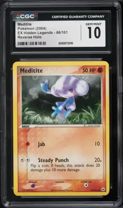 CGC 10 Meditite Reverse Holo EX Hidden Legends 2004 Pokemon Card #66 - Image 1