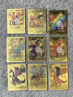 Set of 9 Charizard V,DX,GX,VMax French Gold Accents Foil Fan Art Cards LP - Image 1