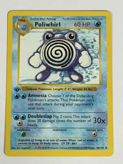 1st Edition Shadowless Poliwhirl 38/102 Base Set Rare Vintage 1999 Pokemon Card - Image 1