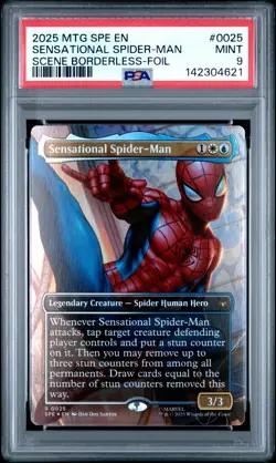 2025 MTG MARVEL SPIDER-MAN ETERNAL BORDERLESS-FOIL SENSATIONAL SPIDER-MAN PSA 9 - Image 1