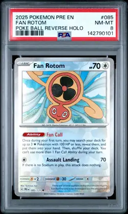 2025 POKEMON PRE EN-PRISMATIC EVOLUTIONS POKE BALL REVERSE HOLO FAN ROTOM PSA 8 - Image 1