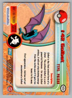 1999 TOPPS TV POKEMON CARDS 1ST PRINTING- BLUE TOPPS LOGO GOLBAT #42 - Image 2