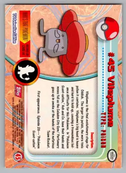 1999 TOPPS TV POKEMON CARDS 4TH PRINTING- RED TOPPS LOGO VILEPLUME #45 - Image 2