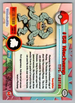 1999 TOPPS TV POKEMON CARDS 1ST PRINTING- BLUE TOPPS LOGO MACHAMP #68 - Image 2
