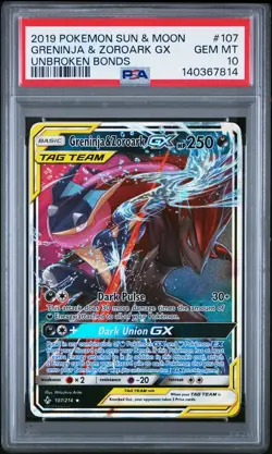2019 POKEMON SUN & MOON UNBROKEN BONDS #107 GRENINJA & ZOROARK GX PSA 10 - Image 1