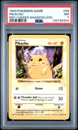 1999 POKEMON BASE SET SHADOWLESS RED CHEEKS #58 PIKACHU PSA 7 - Image 1