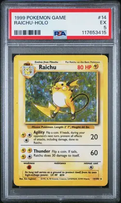 1999 POKEMON BASE SET UNLIMITED #14 RAICHU-HOLO PSA 5 - Image 1