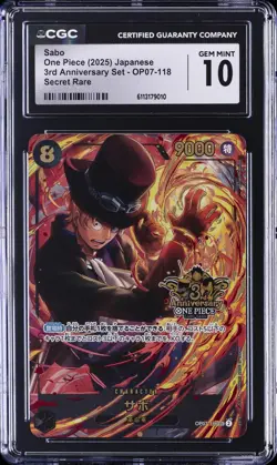 2025 ONE PIECE JAPANESE 3RD ANNIVERSARY SET SECRET RARE #OP07-118 SABO CGC 10 - Image 1