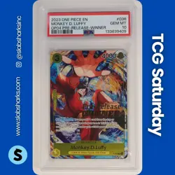 2023 ONE PIECE EN #P-036 MONKEY D. LUFFY OP04 PRE RELEASE WINNER PSA 10 - Image 1