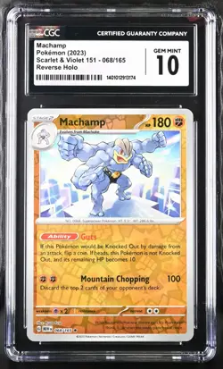 CGC Graded 10 Gem Mint Machamp 068/165 151 Reverse Holo Rare Pokemon Card MEW EN - Image 1