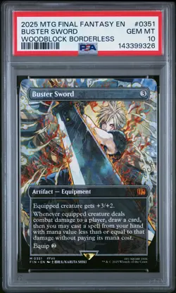 2025 MTG FINAL FANTASY WOODBLOCK BORDERLESS #0351 BUSTER SWORD PSA 10 - Image 1