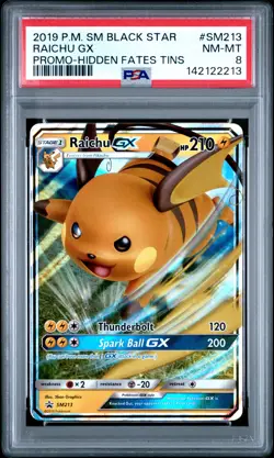 2019 POKEMON SM BLACK STAR PROMO HIDDEN FATES TINS #SM213 RAICHU GX PSA 8 - Image 1