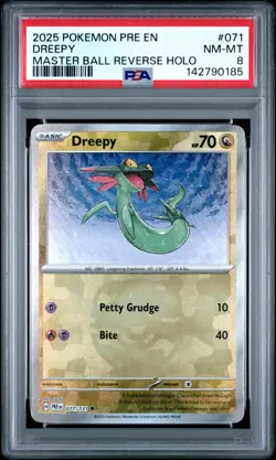 2025 POKEMON PRE EN-PRISMATIC EVOLUTIONS MASTER BALL REVERSE HOLO DREEPY PSA 8 - Image 1