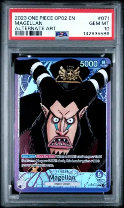 2023 ONE PIECE OP02-PARAMOUNT WAR ALTERNATE ART #071 MAGELLAN PSA 10 - Image 1