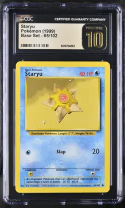 CGC PRISTINE 10 Staryu 65/102 Unlimited Base Set Graded Pokemon Card VINTAGE - Image 1