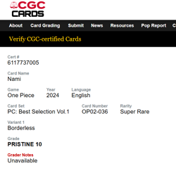 Nami (Premium Collection - Vol. 1) OP02-036 One Piece CARD/ CGC 10 PRIT GEM ENG! - Image 4