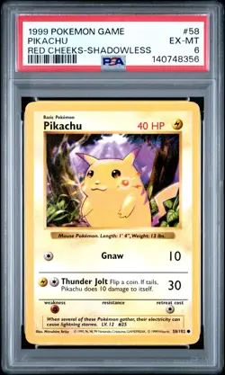 1999 POKEMON BASE SET SHADOWLESS RED CHEEKS #58 PIKACHU PSA 6 - Image 1