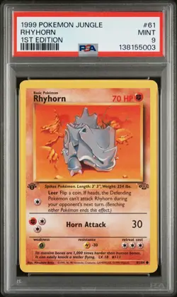 1999 Pokemon Jungle 1st Edition Rhyhorn 61 FRESHLY GRADED PSA 9 MINT - Image 1