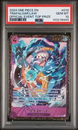 2024 ONE PIECE PROMOS OFFICIAL EVENT TOP PRIZE #010 TRAFALGAR LAW PSA 10 - Image 1