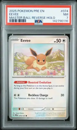 2025 POKEMON PRE EN-PRISMATIC EVOLUTIONS MASTER BALL REVERSE HOLO EEVEE PSA 7 - Image 1