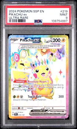 2024 POKEMON SSP EN-SURGING SPARKS ULTRA RARE #219 PIKACHU EX PSA 9 - Image 1